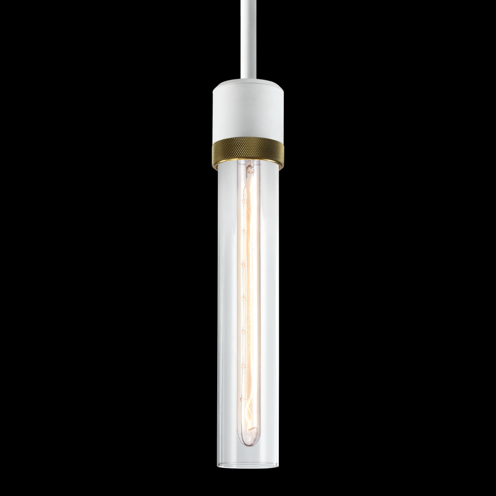 3" E26 Cylindrical Pendant Light, 12" Clear Glass and Matte White with Brass Finish