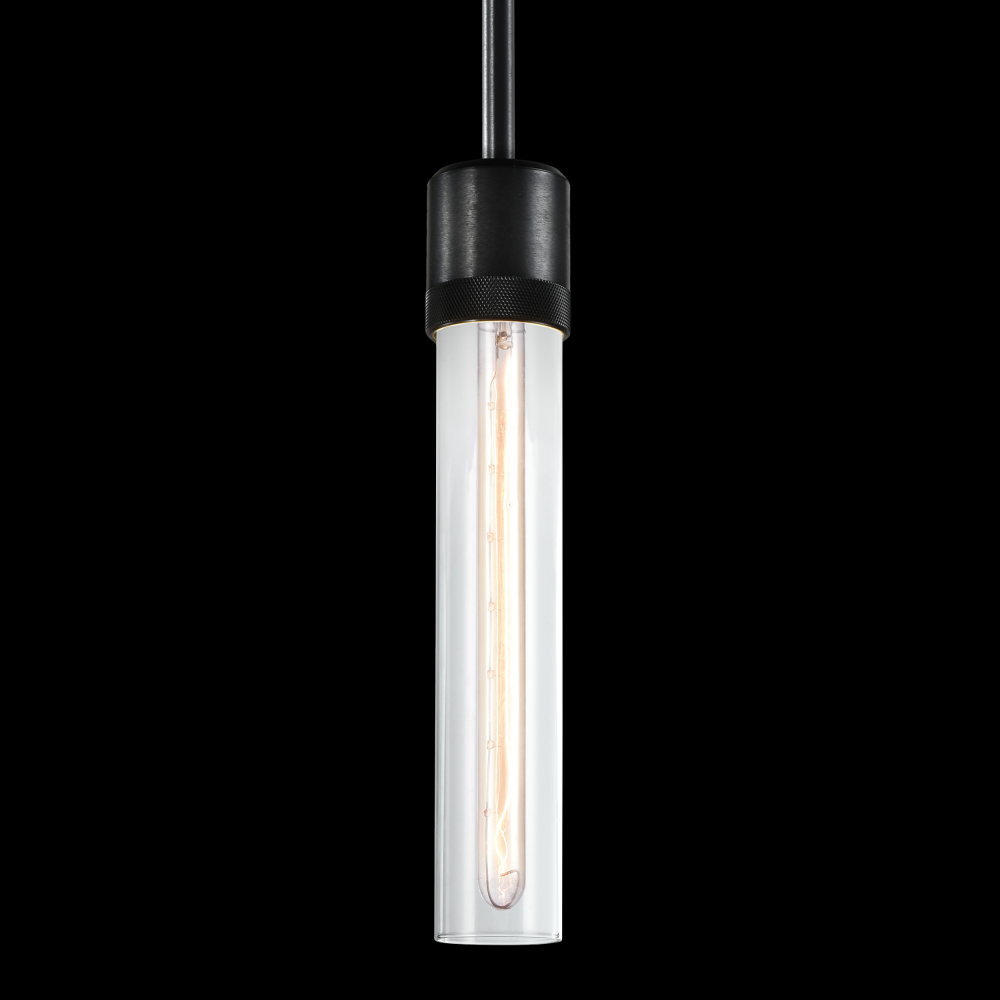 3" E26 Cylindrical Pendant Light, 12" Clear Glass and Satin Brushed Black Finish